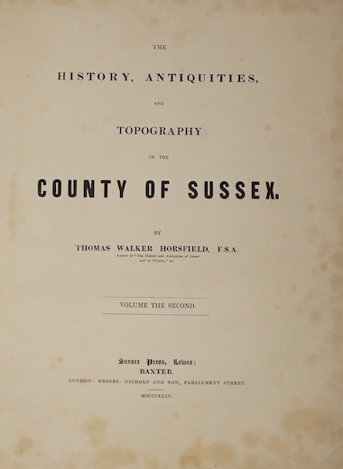 Horsfield, Rev. Thomas Walker – The History, Antiquities and Topography of the County of Sussex, 2 vol., 2 engraved portrait frontispieces, 54 plates, 2 folding maps, original boards with morocco spines, Lewes & London,